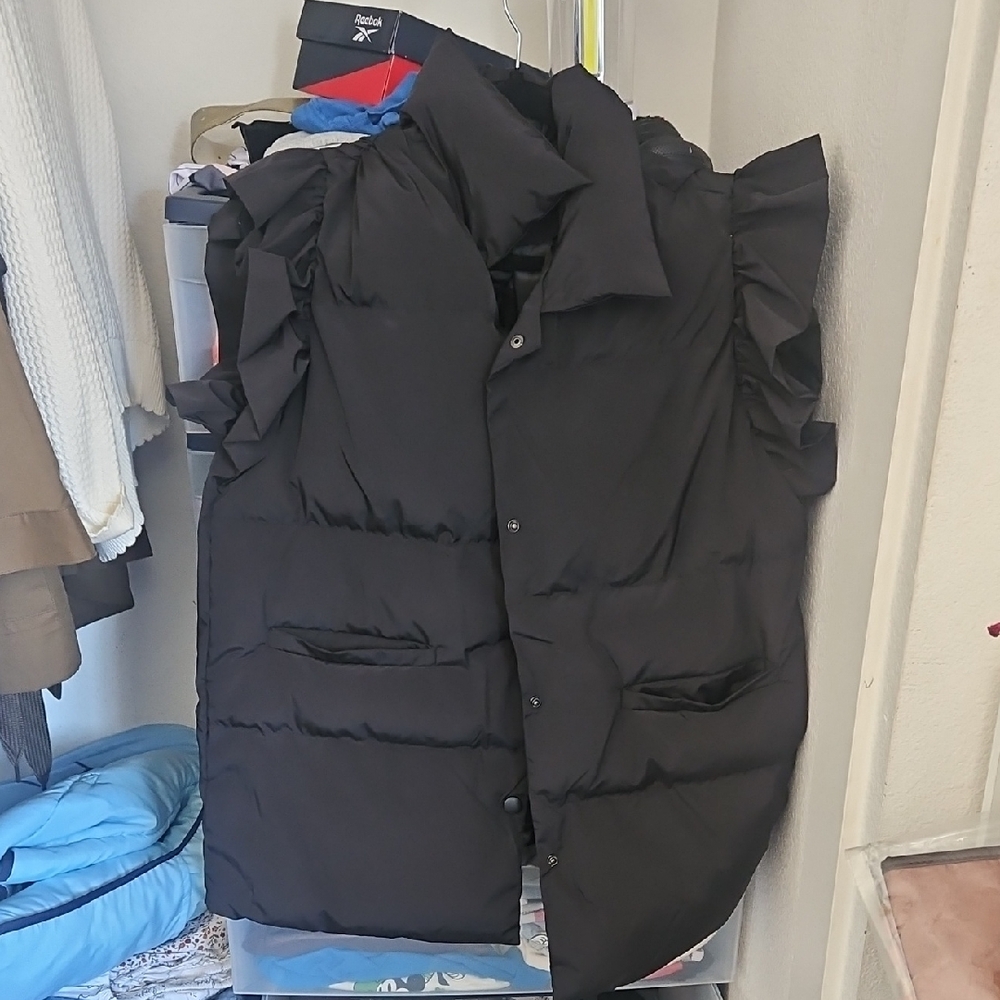 BUCKETLIST Black Puffer Jacket with Ruffle Details